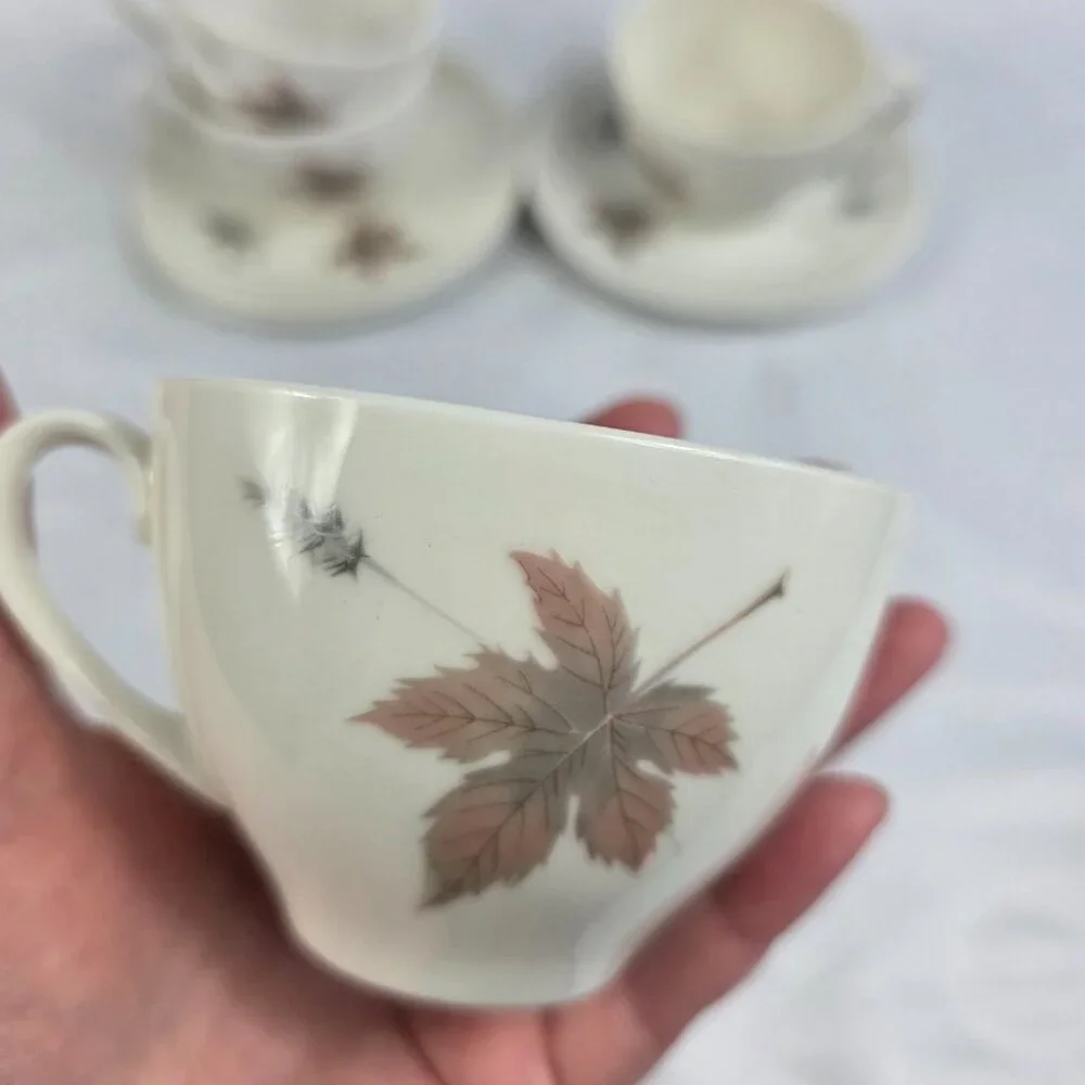 FOUR Royal Doulton Tumbling Leaves Cup & Saucer Sets Gray & Pink Leaves